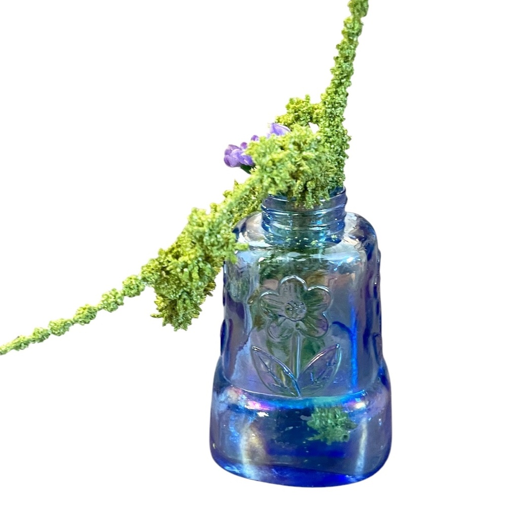 Vintage Hayes Blue Carnival Glass Bottle With Flower‎ Detail Petal